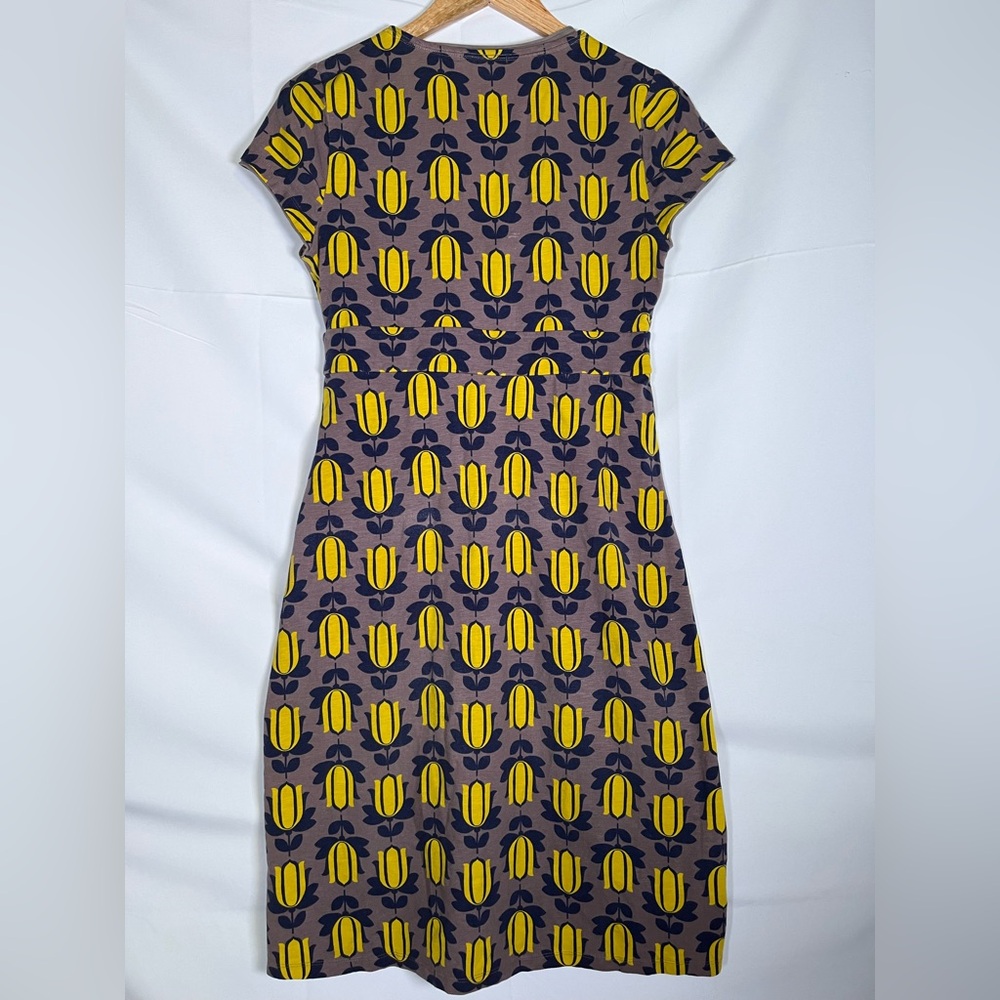 Boden Women’s Midi Dress Brown Yellow Floral Tulip Print Short Sleeve V Neck 6 - Picture 4 of 8